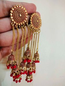 Golden Jhumka Earrings with Red Beads 💎