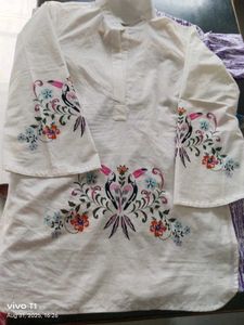Full Stitched White Tunic Kurti with Toucan Print