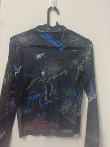 Abstract Graphic Print Mesh Top