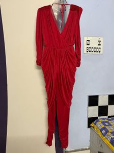 Red Dhoti Style Attached Bottom Dress