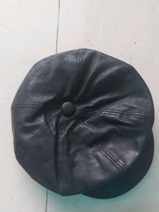 Black Leather Newsboy Cap