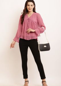 Mauve Tie-Neck Ruffle Sleeve Top