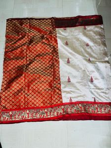 Regal Ivory &amp; Maroon Banarasi Silk Saree
