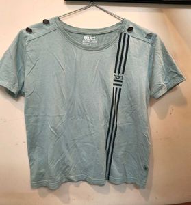 Stylish Mint Green Cotton T-Shirt Shoulder Button