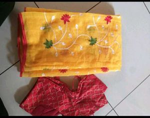 Yellow Embroidered Saree,sadi with Blouse