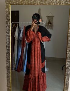 Printed Orange-Black Tiered BOHO Maxi