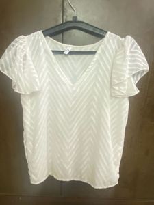 White Chevron Ruffle Sleeve Top