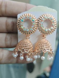 Gold Jhumka Earrings with Pearl Detail