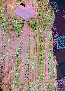 Sweet Pinkypeach Embroided Suit With Back Bow
