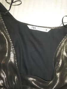 Zara Metallic Gold Ruched Sleeve Detail Blouse