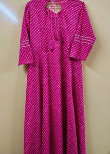 Pink and White Leheriya Printed Angrakha Kurta