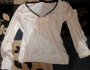 Cream Long Sleeve Top with lace detail