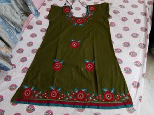 Pure Cotton Olive Green Embroidered Kurti
