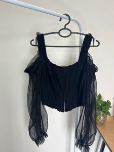 Black Corset Top with Mesh Sleeves
