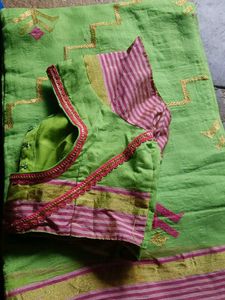Green &amp; Pink Saree with Blouse