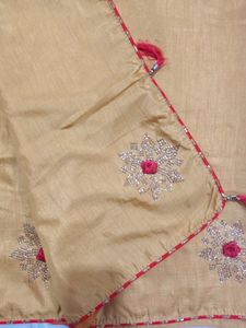 Ossum Mustard Saree With Red Unstitched Blouse Pc