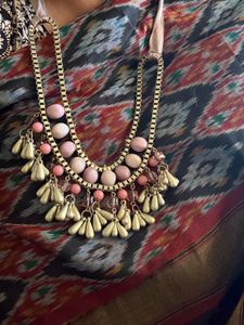Pink Beaded &amp; Ribbon Necklace