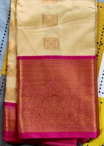 Brand New Silk Saree Cream Color With Pink Border