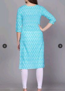 Blue Printed Mirror Work Cotton Straight Kurta
