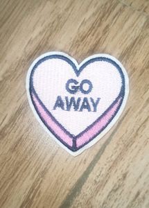 Iron On Applique/Patch- Pink Heart, &#34;Go Away&#34;