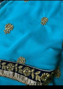 Elegant Blue &amp; Gold Embroidered Saree
