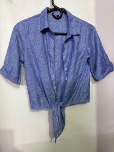 Blue Tie-Front Crop Top