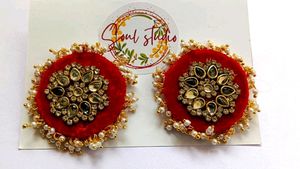 Red Velvet Kundan Stud Earrings