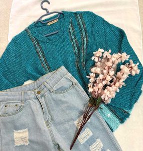 🎁Buy1 Get1 Free France Unique Teal Knit Sweater B