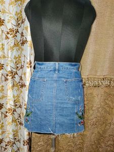 Floral Embroidered Denim Mini Skirt