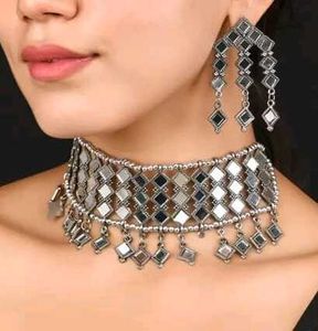 oxidised multilayered mirror choker necklace set