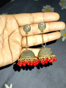 Red Beaded Jhumka Earrings