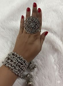 Oxidised Silver Bangle Bracelet With Finger Ring