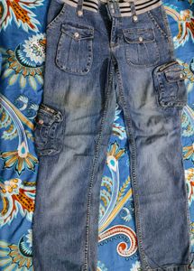 Cargo Jeans with striped waist (Stretchable)