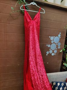 High Slit Red Sequins Party Dress
