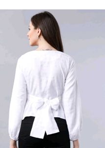 White Knot-Front Long Sleeve Top