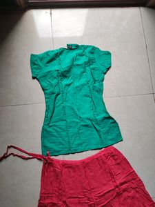 Peach Skirt And Aqua Green Blouse Set