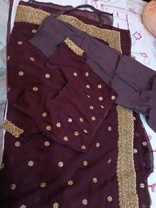 Maroon & Gold Embroidered Saree Set