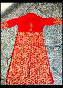 Red Embroidered Kurta & Gold Skirt