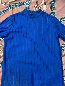 Blue Striped Mock Neck Top