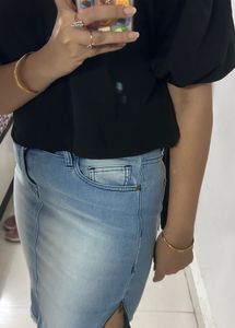 Stunning Royal Black Shirt And Denim Skirt