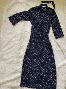 Navy Polka Dot Tie-Neck Midi Dress