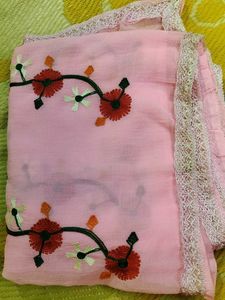 Texture Chiffon Pink ColorThread Embroidery Saree