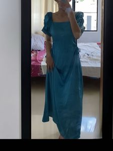Blue Puff Sleeve Midi Dress