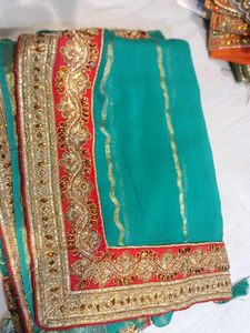 Teal & Gold Embroidered Saree