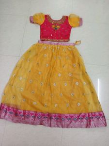 Pink &amp; Yellow Embroidered Top With Skirt