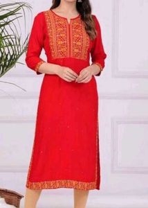 Red Embroidered Kurti Dress