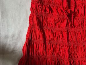 Red Smocked-Detailed Cotton Tiered Dress