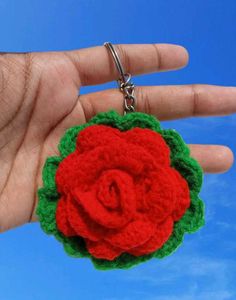 Beautiful Crochet Red Rose Keychain