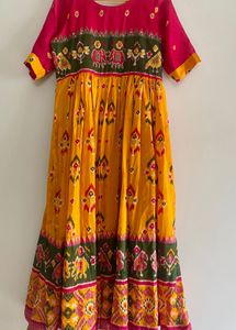 Ikat Print Long Frock With Embroidery Work On Top