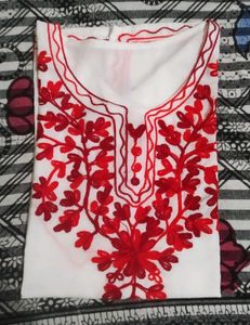 Red Embroidered White Kurti